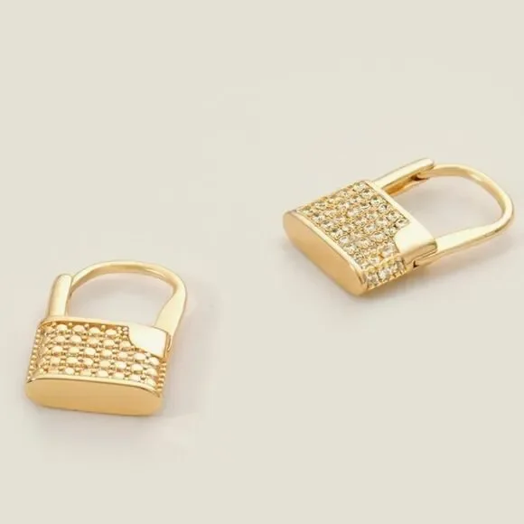 Lock Hoop Earrings Cubic Zircon Earring Gold Color Women Ear Jewelry - Picture 5 of 8